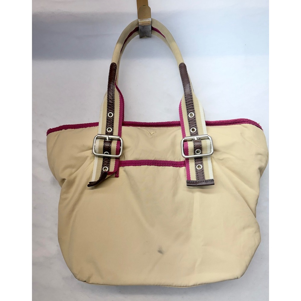 VTG American Eagle Outfitters Tan Nylon Tote Bag Magenta Pink Trim Buckle Straps